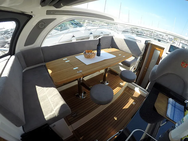 Salon of Aurora, a Marex 320 ACC motor yacht at Grad Šibenik, Croatia