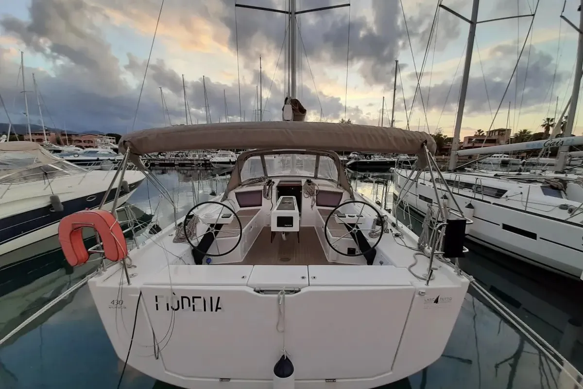 Exterior view of Fiodena, a Dufour 430 sailboat at Palermo, Italy