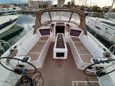 Cockpit of Fiodena, a Dufour 430 sailboat at Palermo, Italy