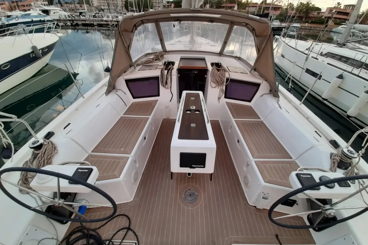Cockpit of Fiodena, a Dufour 430 sailboat at Palermo, Italy