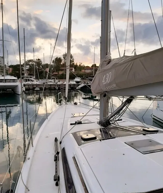 Exterior view of Fiodena, a Dufour 430 sailboat at Palermo, Italy