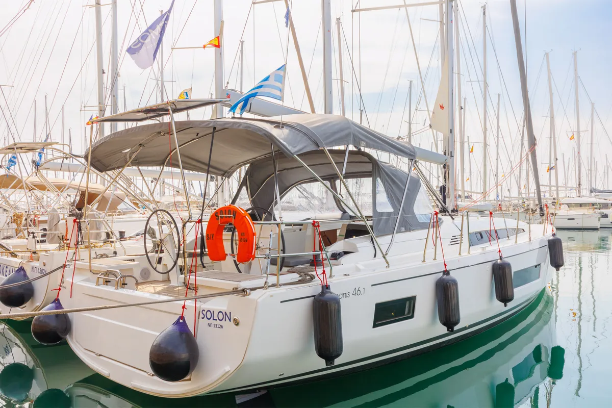 Exterior view of Solon, a Beneteau Oceanis 46.1 sailboat at Athens, Greece