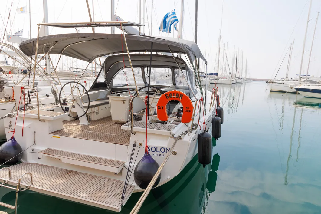 Exterior view of Solon, a Beneteau Oceanis 46.1 sailboat at Athens, Greece