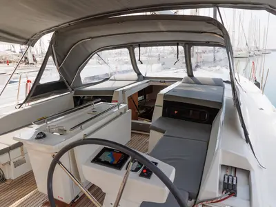 Cockpit of Solon, a Beneteau Oceanis 46.1 sailboat at Athens, Greece