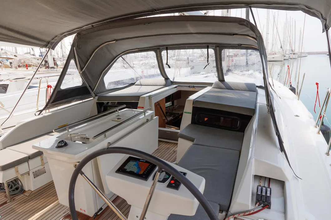 Cockpit of Solon, a Beneteau Oceanis 46.1 sailboat at Athens, Greece