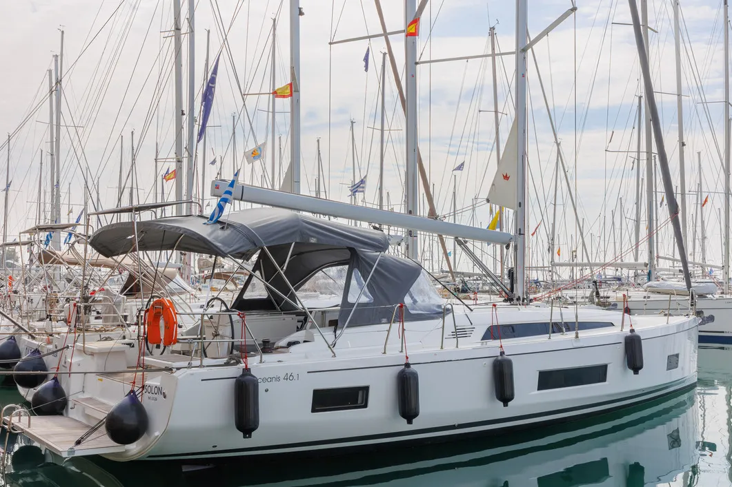 Exterior view of Solon, a Beneteau Oceanis 46.1 sailboat at Athens, Greece