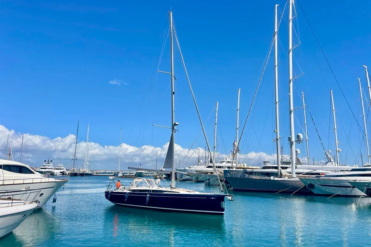 Exterior view of Infinity, a Bavaria C46 sailboat at Palma de Mallorca, Spain