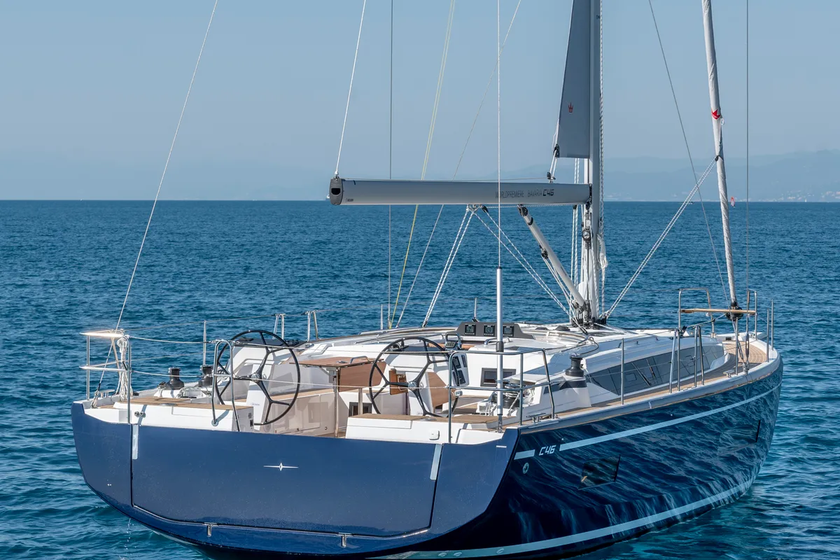 Exterior view of Infinity, a Bavaria C46 sailboat at Palma de Mallorca, Spain