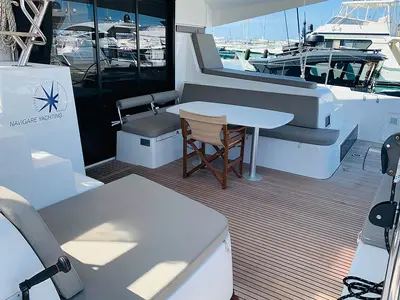 Deck of Burguesinha, a Lagoon 42 catamaran at Athens, Greece