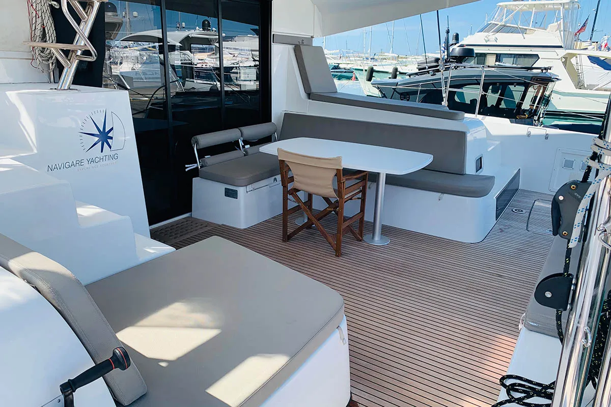 Deck of Burguesinha, a Lagoon 42 catamaran at Athens, Greece