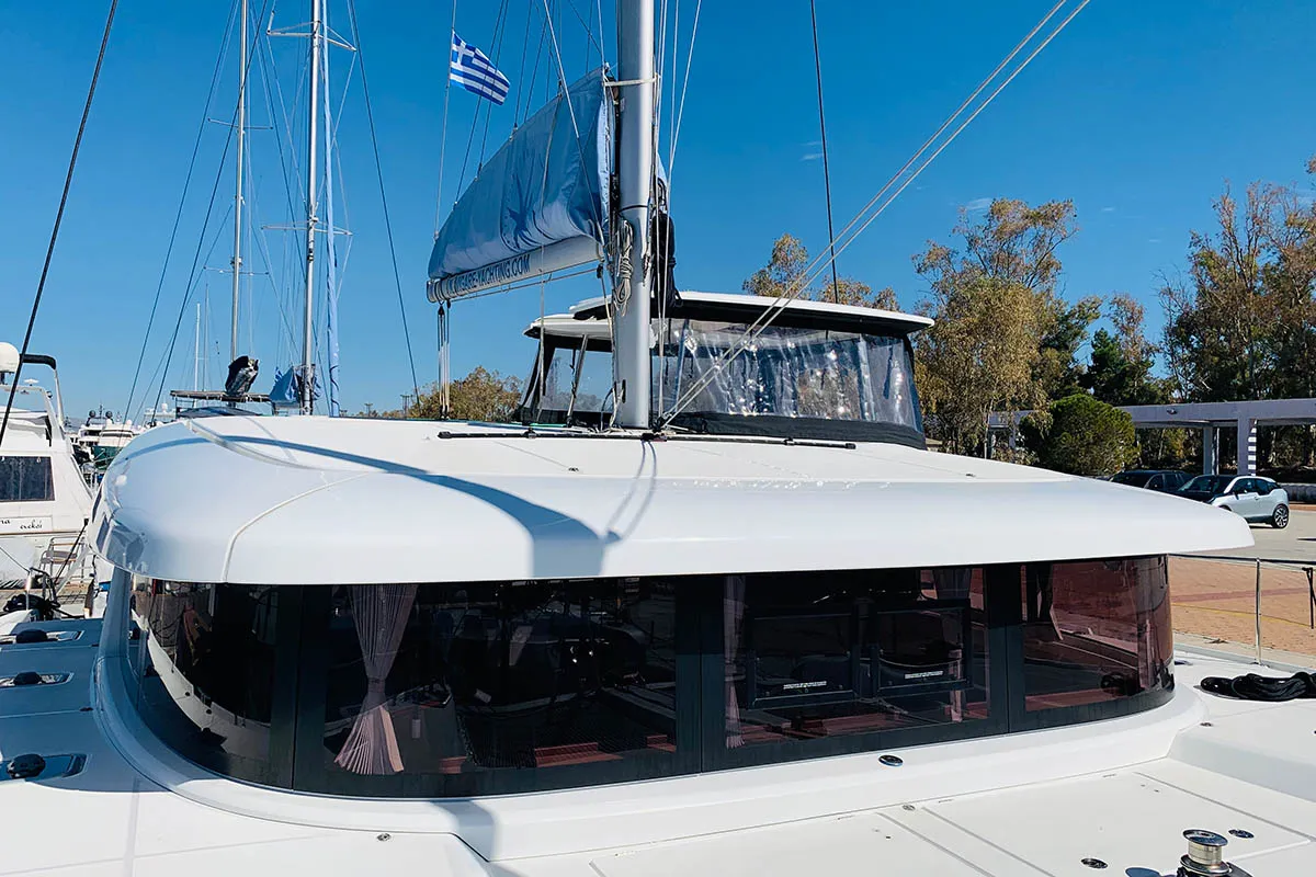 Exterior view of Burguesinha, a Lagoon 42 catamaran at Athens, Greece