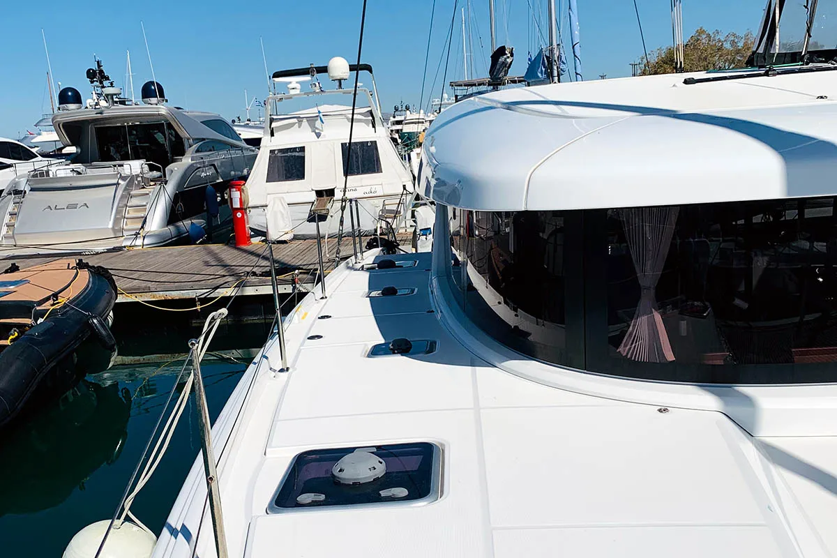 Deck of Burguesinha, a Lagoon 42 catamaran at Athens, Greece