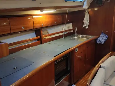 Galley of Argonaftis, a Bavaria 44 sailboat at Port of Avdira, Greece