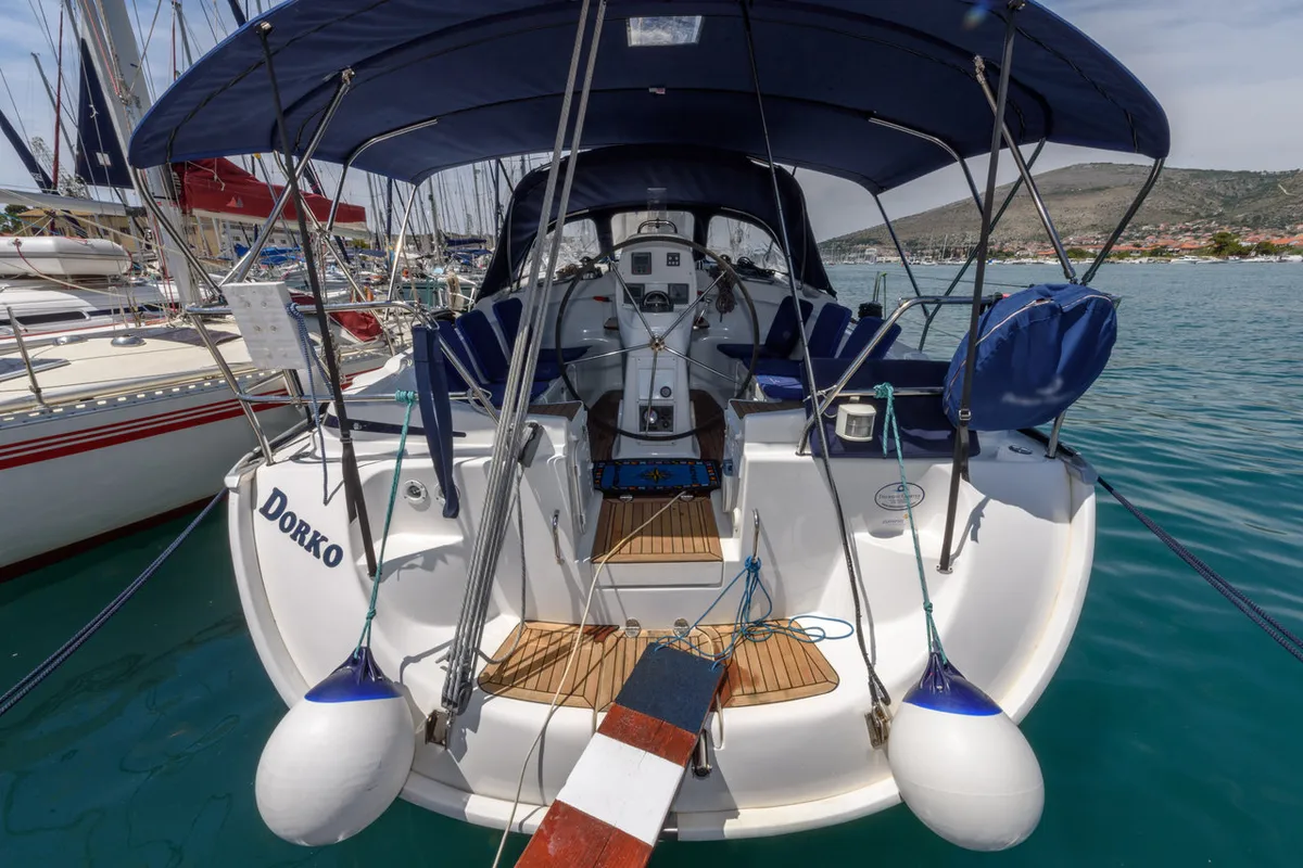 Deck of Dorko, a Bavaria 39 Cruiser sailboat at Grad Trogir, Croatia