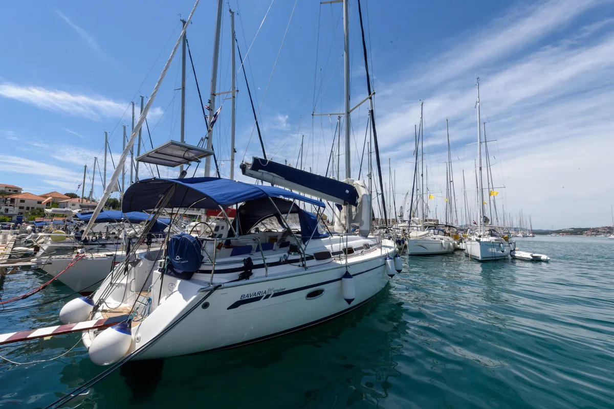 Exterior view of Dorko, a Bavaria 39 Cruiser sailboat at Grad Trogir, Croatia