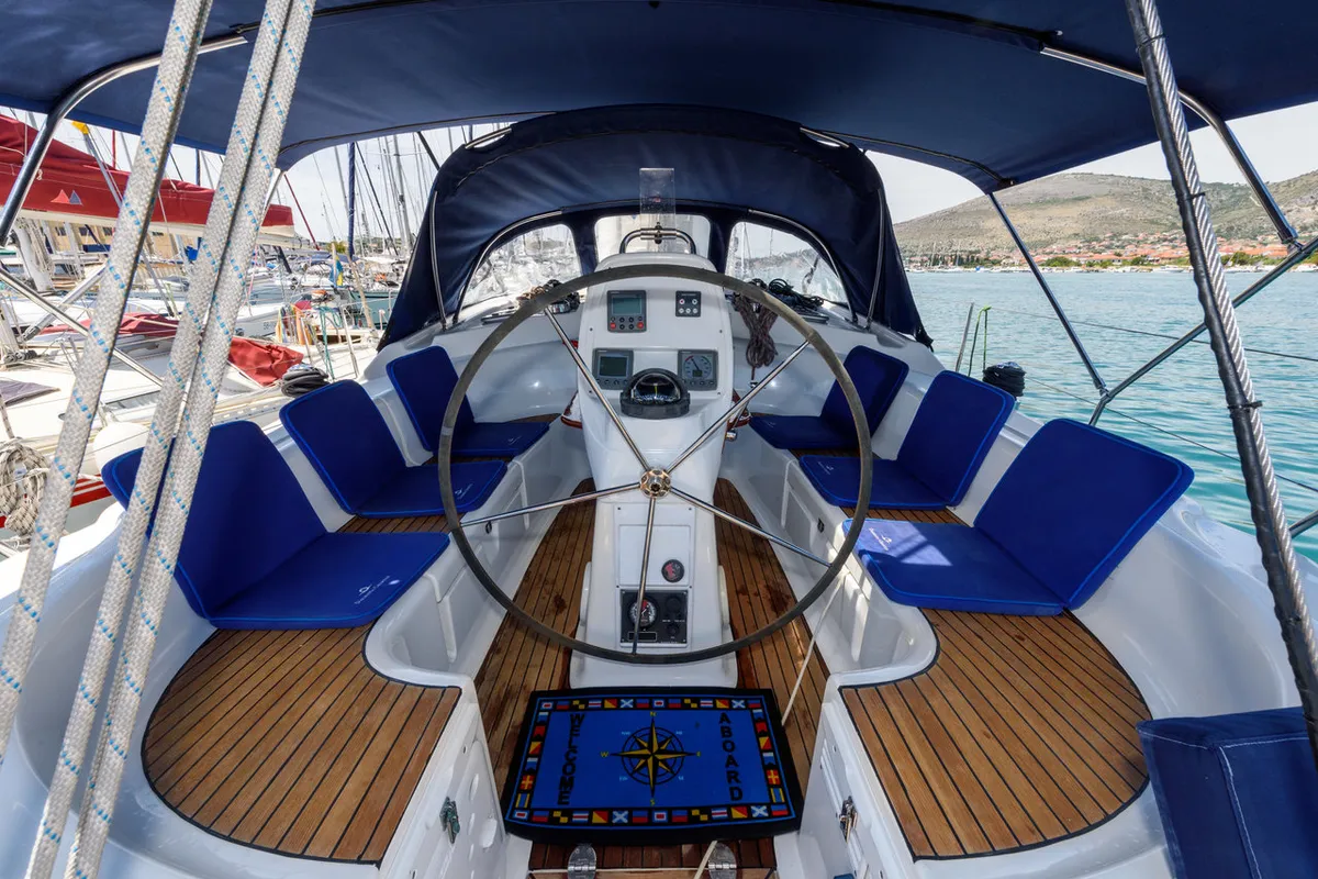 Cockpit of Dorko, a Bavaria 39 Cruiser sailboat at Grad Trogir, Croatia