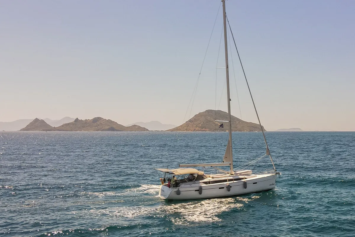 Exterior view of Just Be, a Bavaria Cruiser 46 sailboat at Fethiye, Turkey