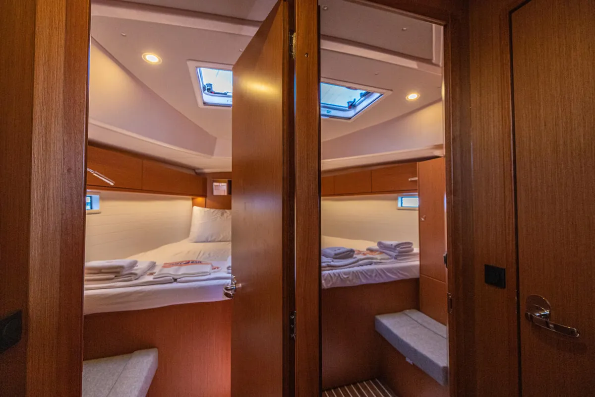 Cabin on Just Be, a Bavaria Cruiser 46 sailboat at Fethiye, Turkey
