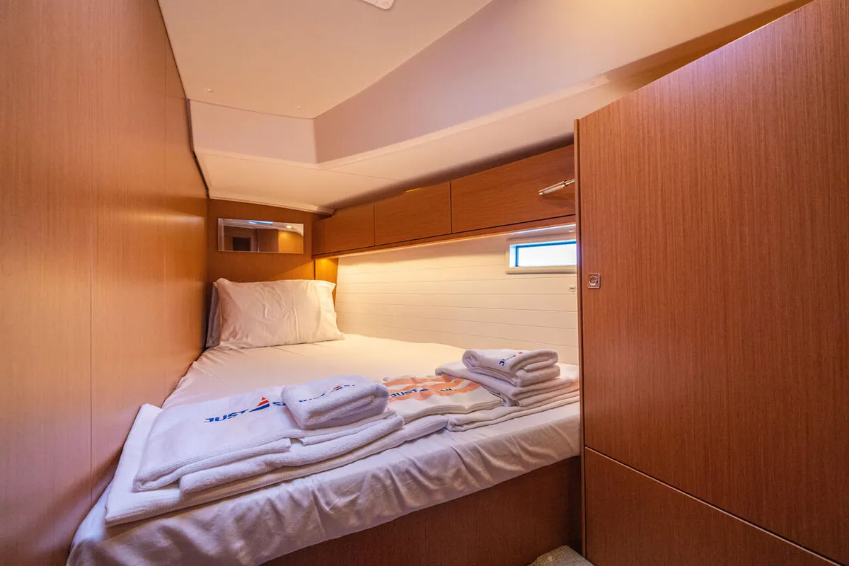 Cabin on Just Be, a Bavaria Cruiser 46 sailboat at Fethiye, Turkey