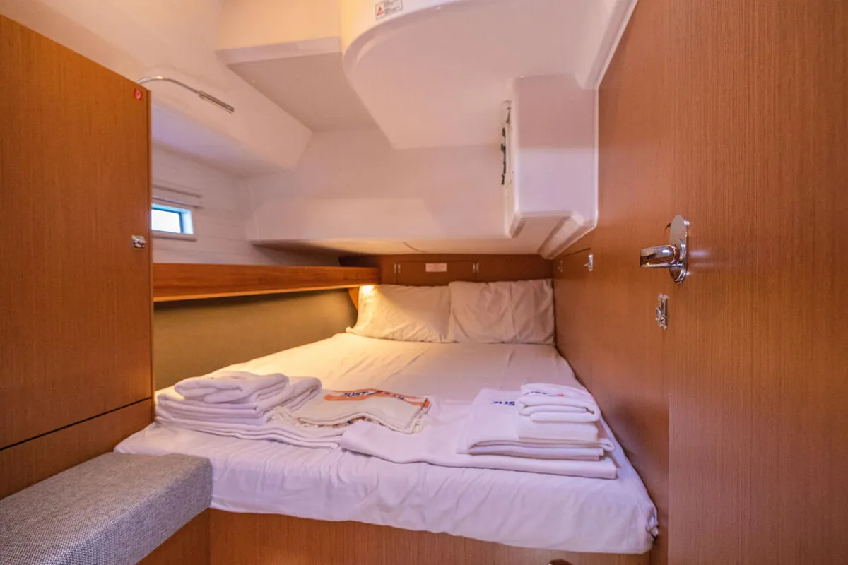 Cabin on Just Be, a Bavaria Cruiser 46 sailboat at Fethiye, Turkey
