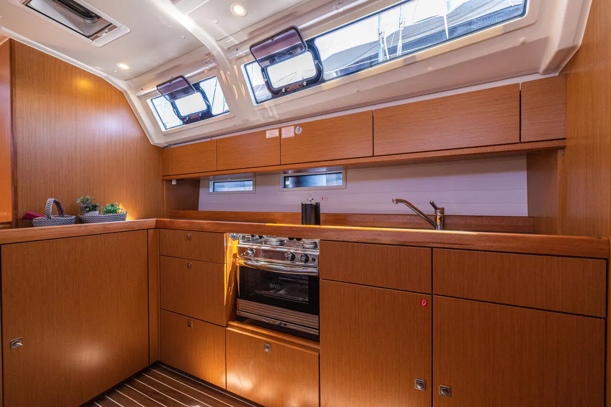 Galley of Just Be, a Bavaria Cruiser 46 sailboat at Fethiye, Turkey