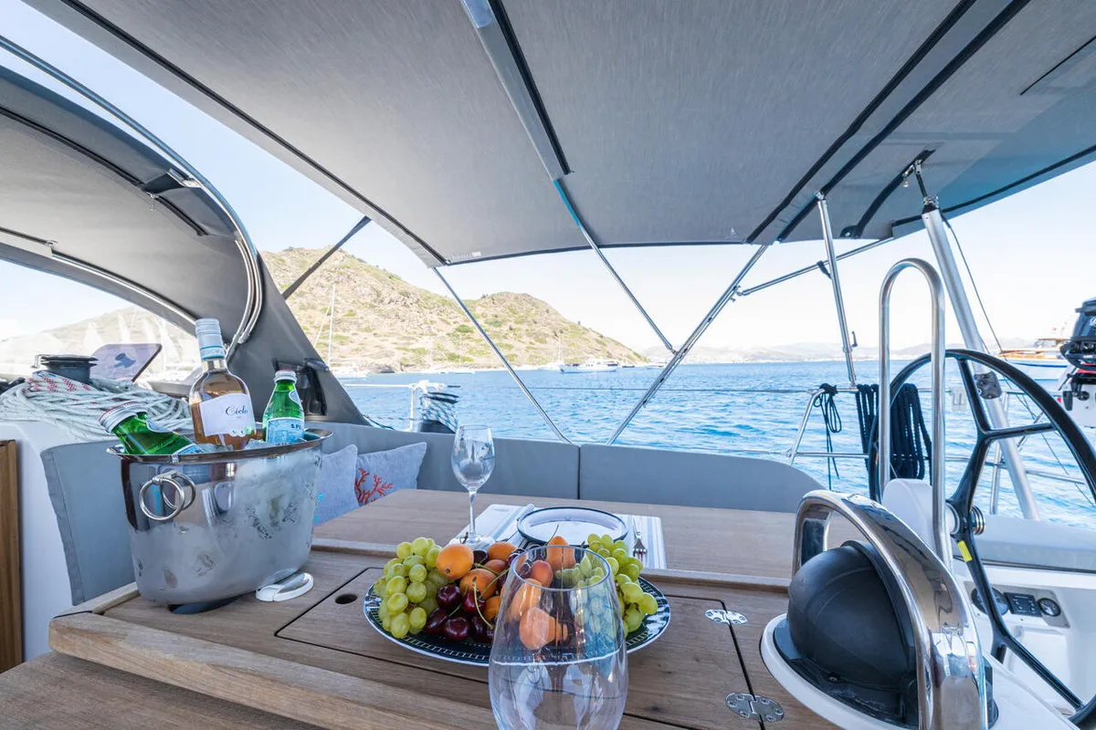 Deck of Just Be, a Bavaria Cruiser 46 sailboat at Fethiye, Turkey