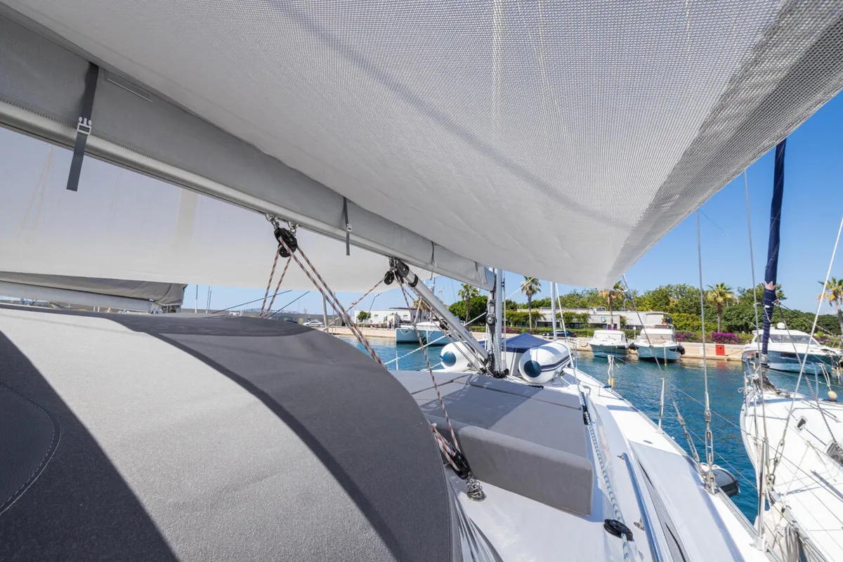 Deck of Just Be, a Bavaria Cruiser 46 sailboat at Fethiye, Turkey