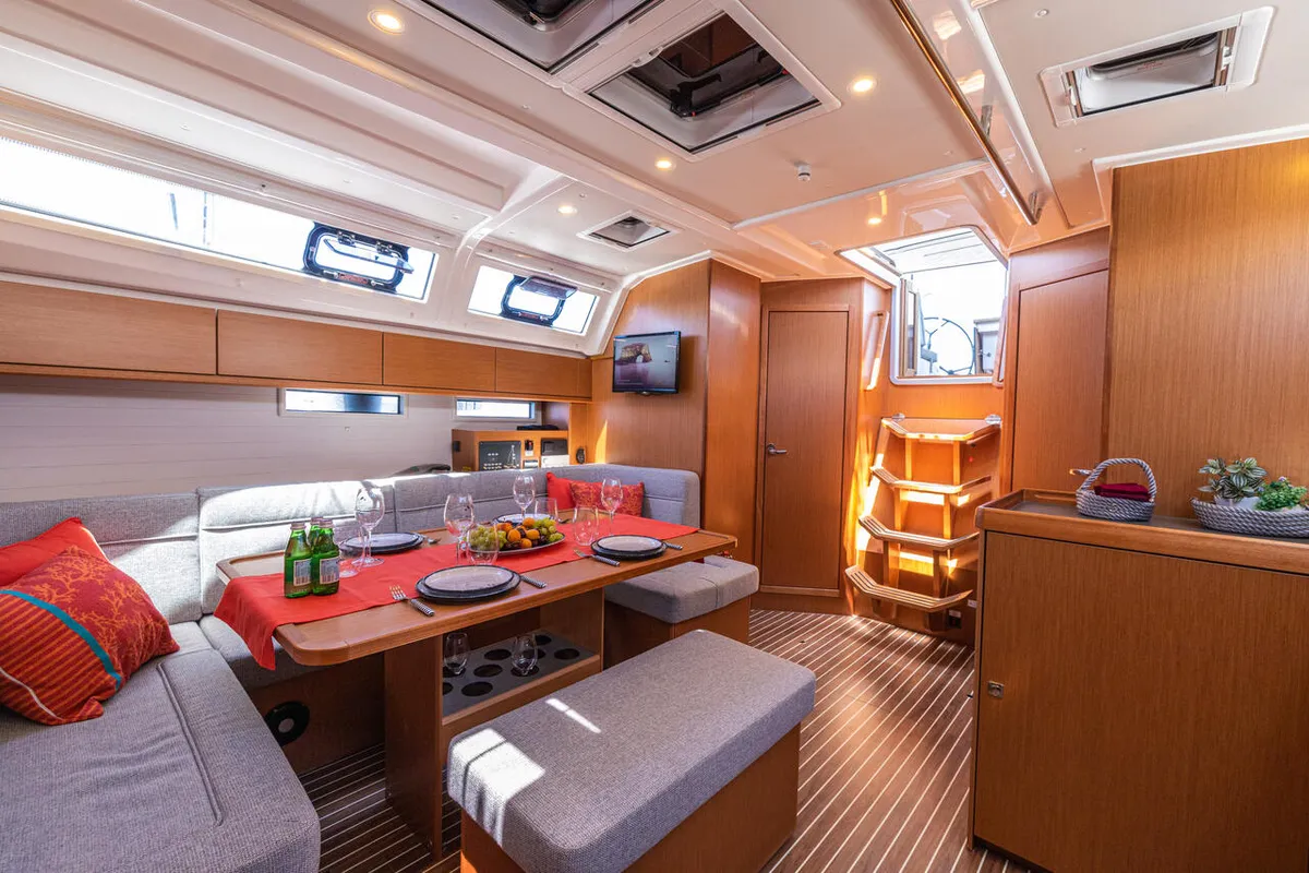 Salon of Just Be, a Bavaria Cruiser 46 sailboat at Fethiye, Turkey