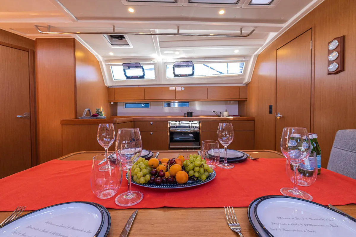 Salon of Just Be, a Bavaria Cruiser 46 sailboat at Fethiye, Turkey