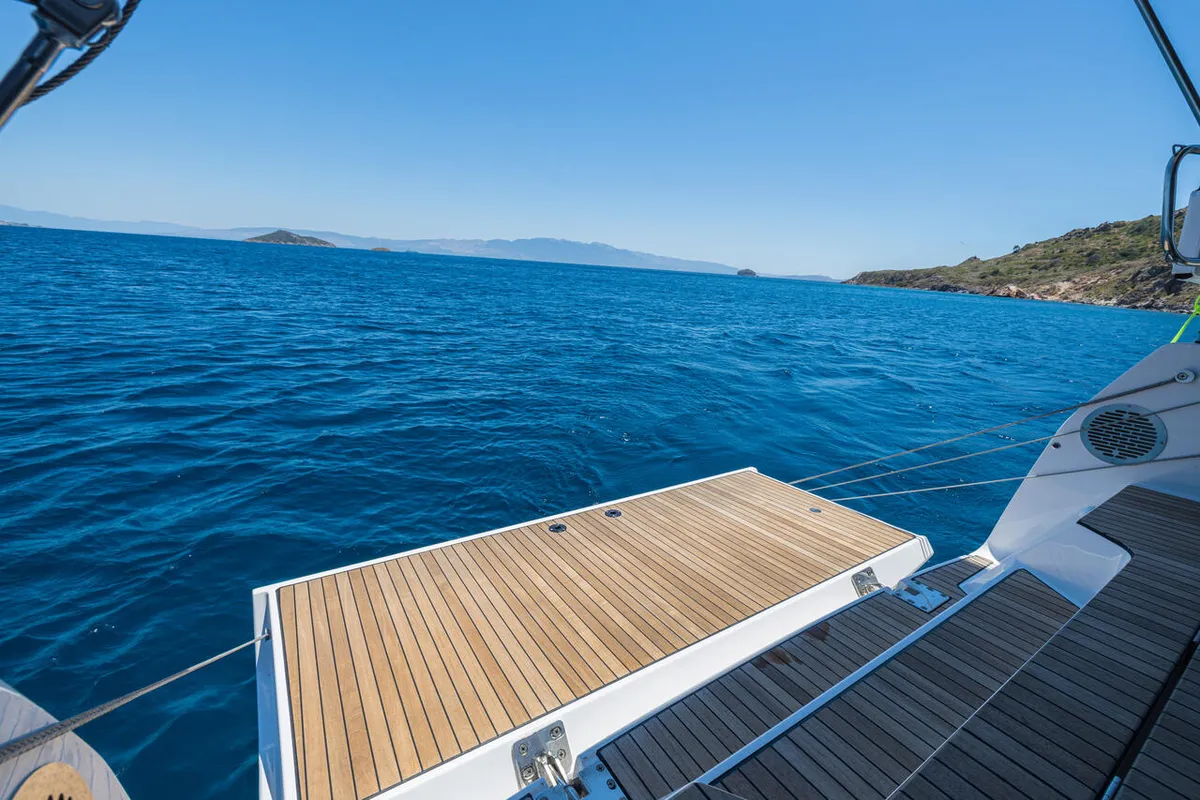Deck of Just Be, a Bavaria Cruiser 46 sailboat at Fethiye, Turkey