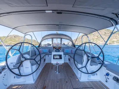 Cockpit of Just Be, a Bavaria Cruiser 46 sailboat at Fethiye, Turkey