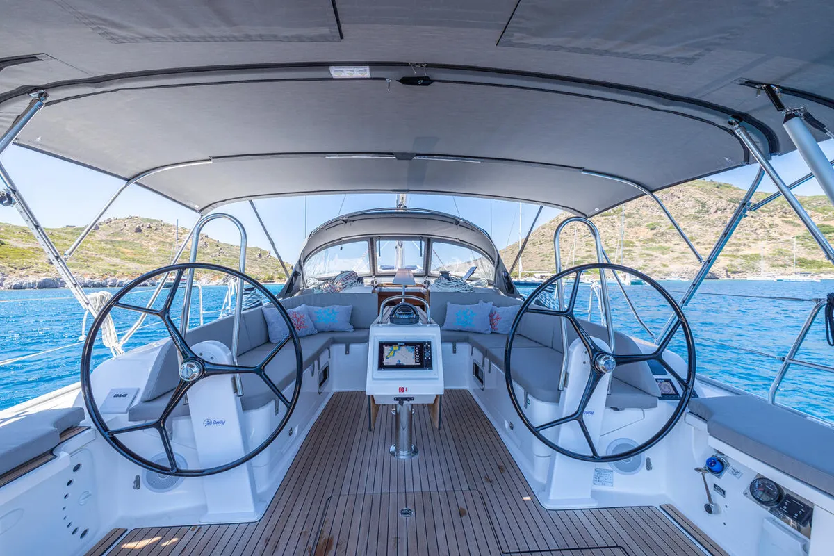Cockpit of Just Be, a Bavaria Cruiser 46 sailboat at Fethiye, Turkey