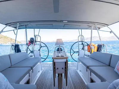 Deck of Just Be, a Bavaria Cruiser 46 sailboat at Fethiye, Turkey