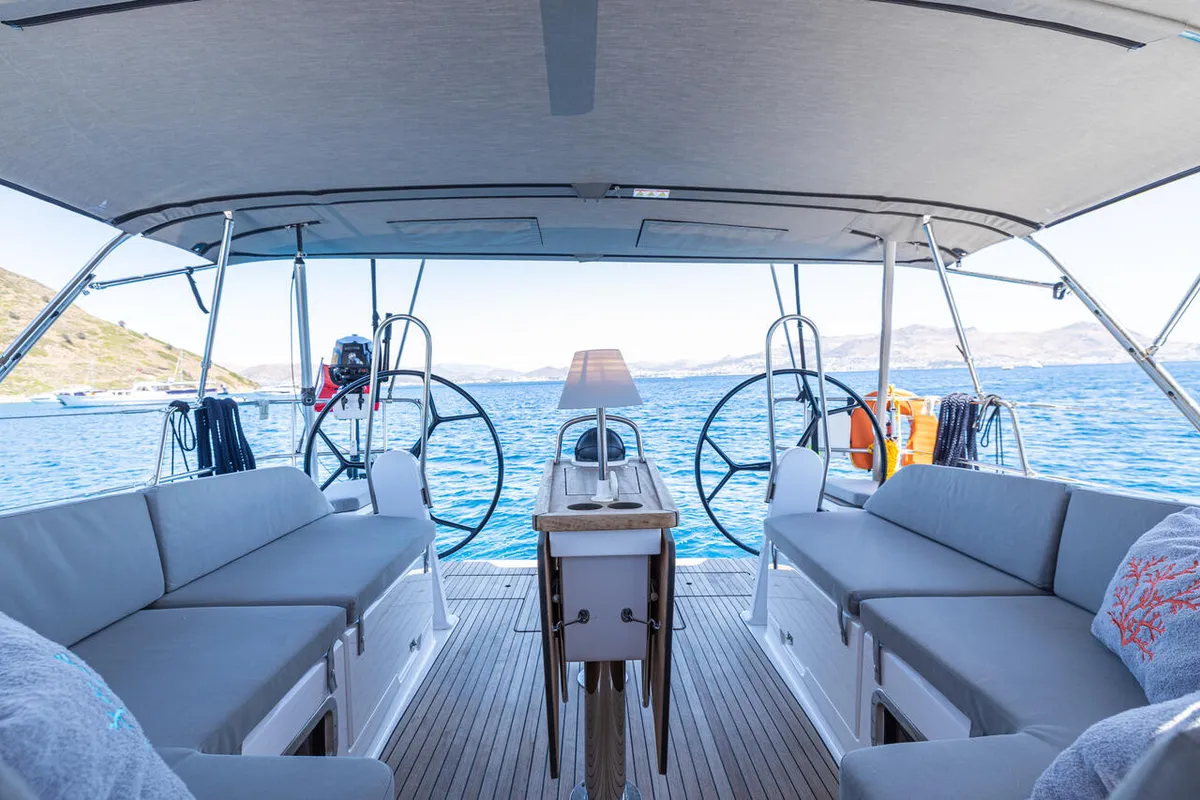 Deck of Just Be, a Bavaria Cruiser 46 sailboat at Fethiye, Turkey
