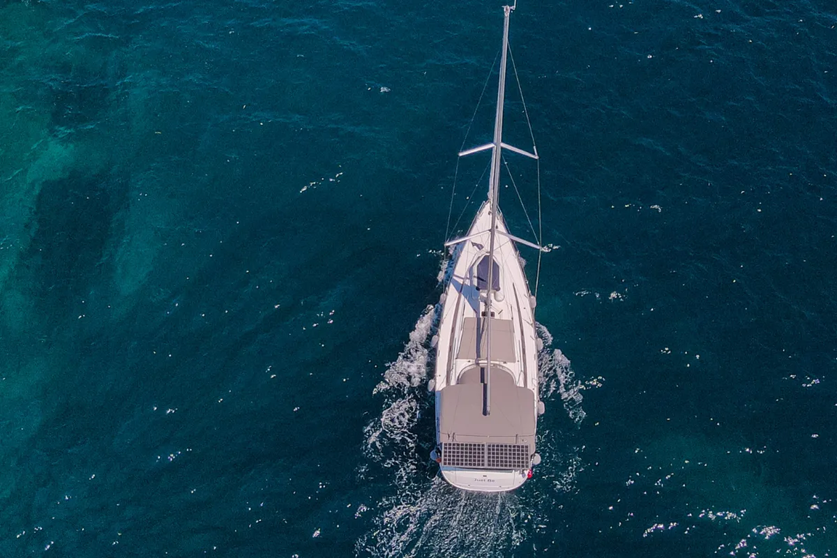 Exterior view of Just Be, a Bavaria Cruiser 46 sailboat at Fethiye, Turkey