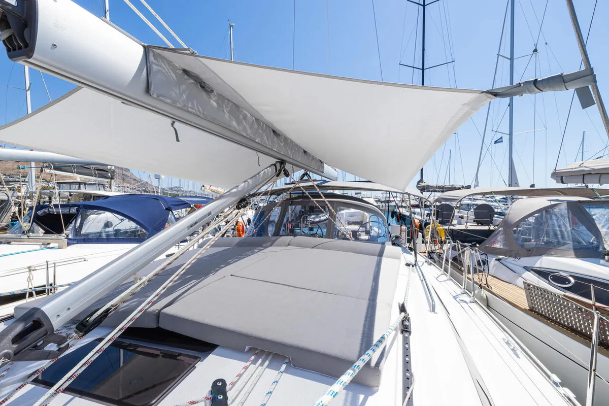 Deck of Just Be, a Bavaria Cruiser 46 sailboat at Fethiye, Turkey