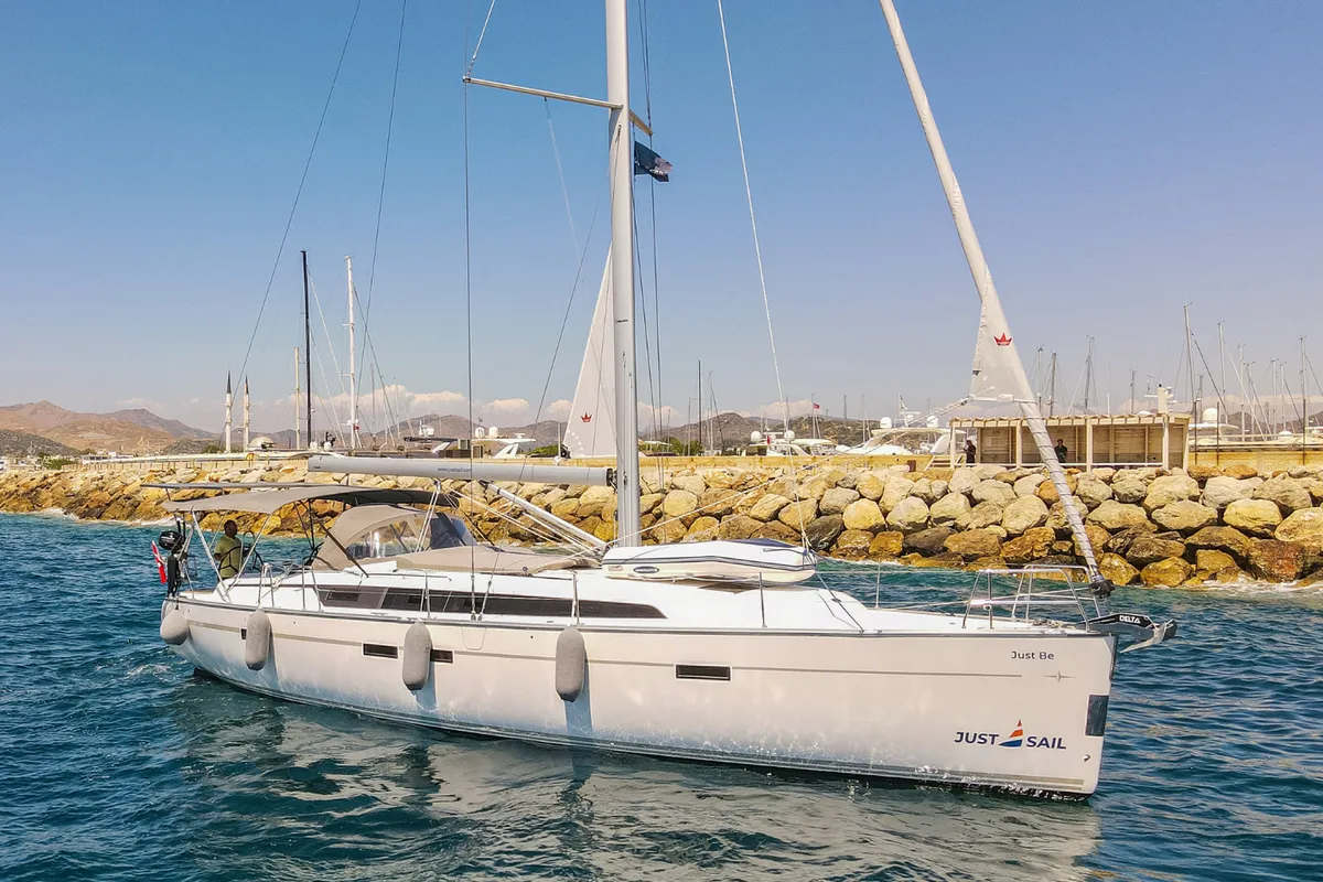 Exterior view of Just Be, a Bavaria Cruiser 46 sailboat at Fethiye, Turkey