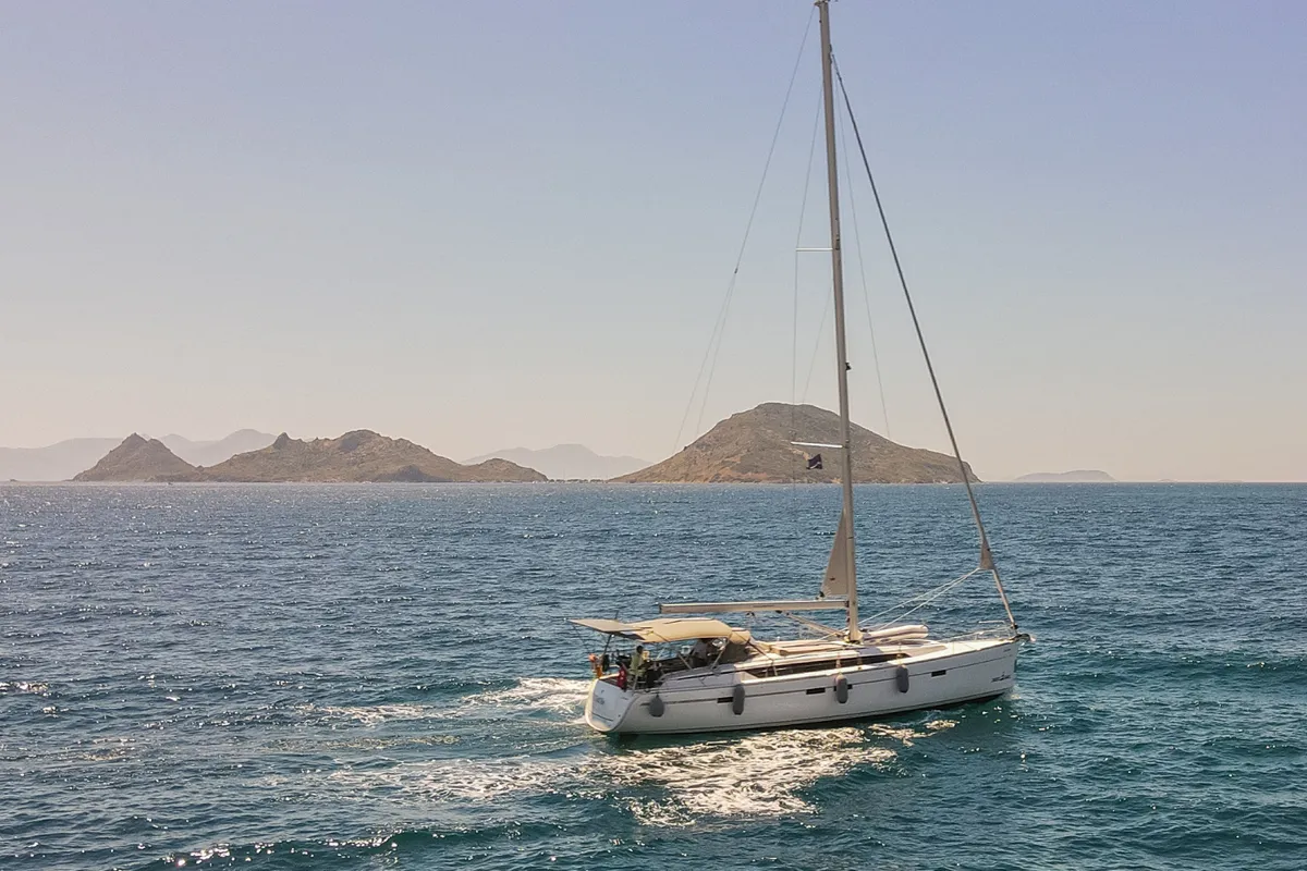 Exterior view of Just Be, a Bavaria Cruiser 46 sailboat at Fethiye, Turkey