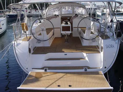 Cockpit of Sadira, a Bavaria Cruiser 46 sailboat at Olbia, Italy