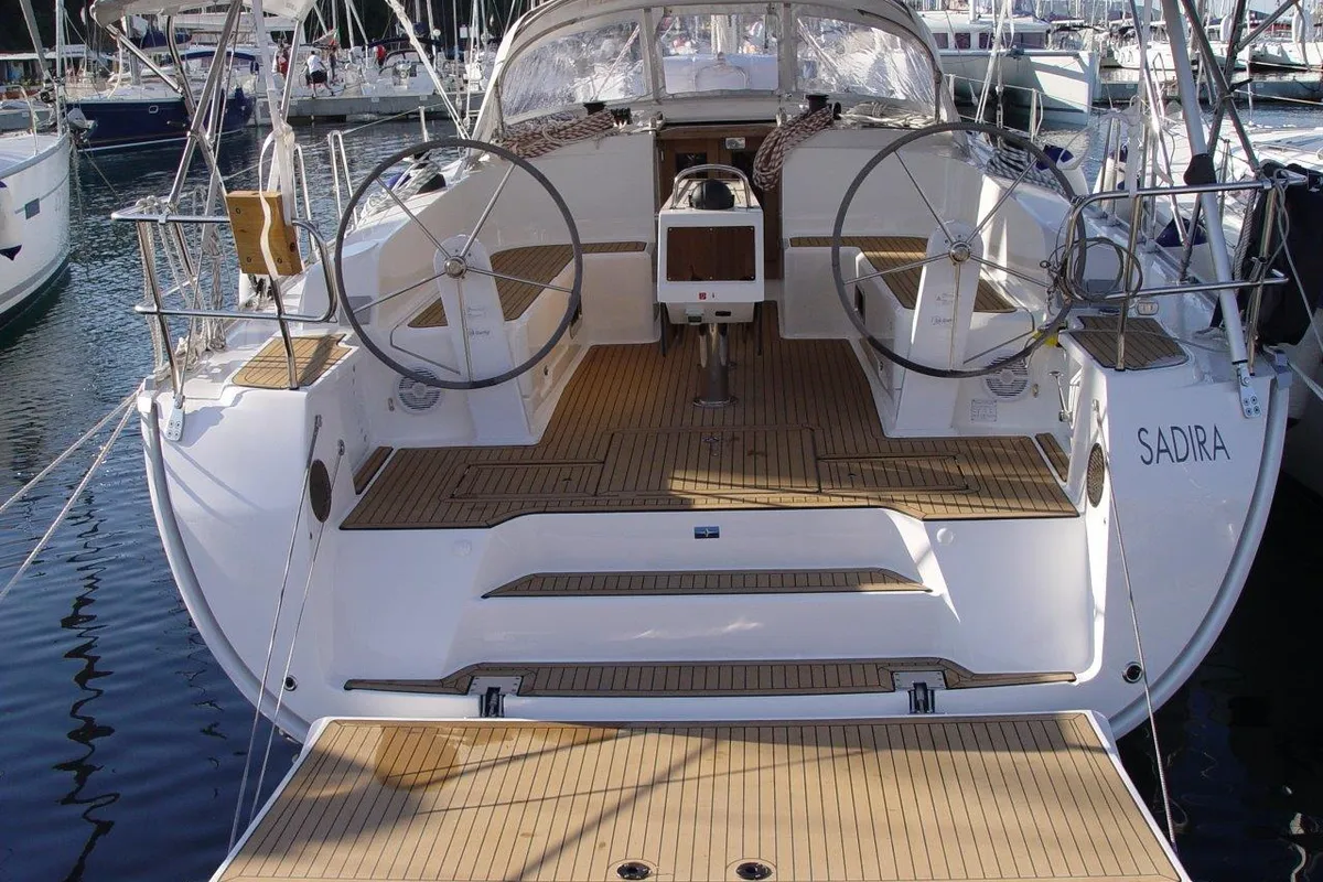 Cockpit of Sadira, a Bavaria Cruiser 46 sailboat at Olbia, Italy