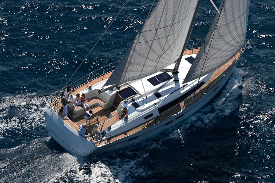 Exterior view of Sadira, a Bavaria Cruiser 46 sailboat at Olbia, Italy