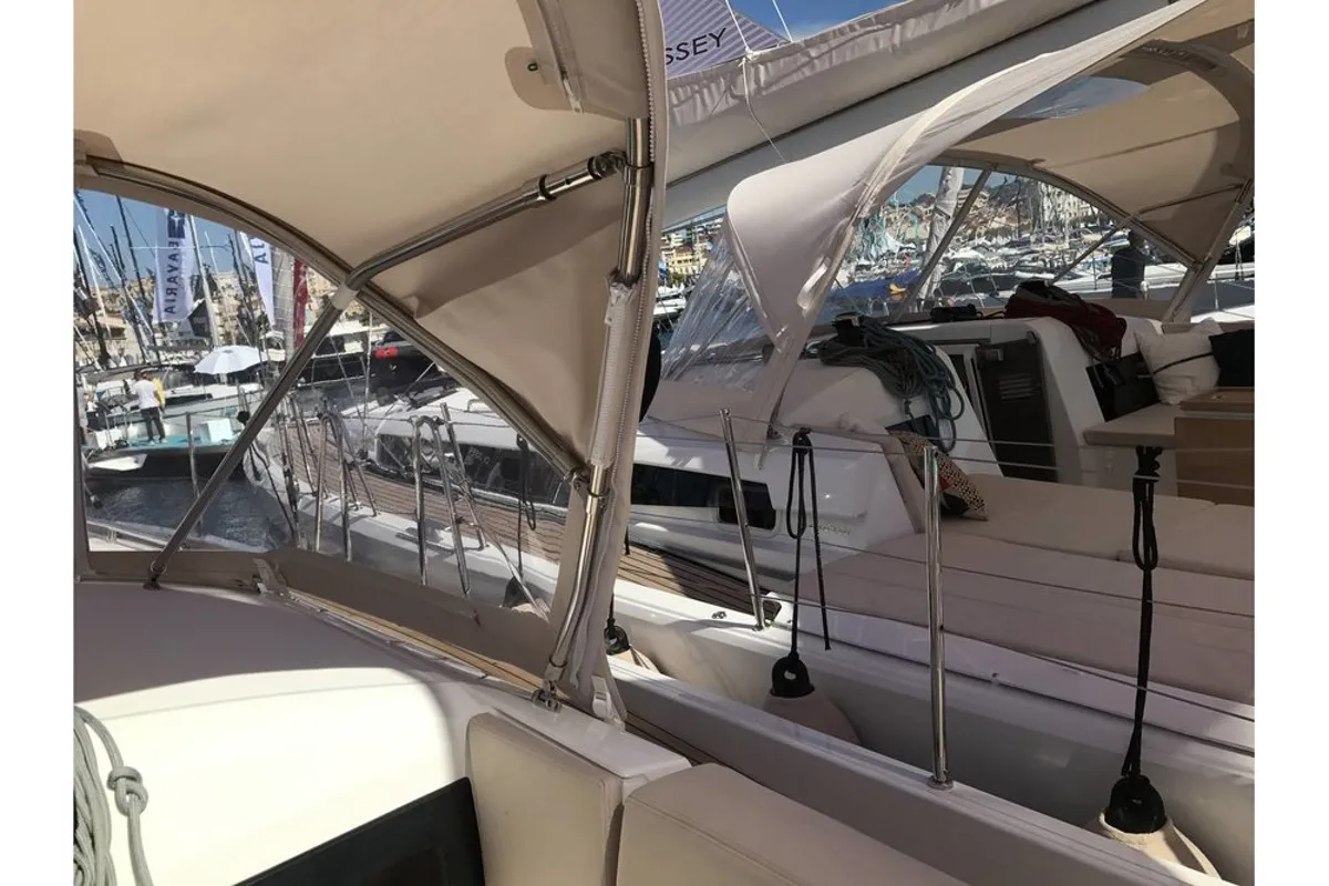Deck of Kos 440.1, a Jeanneau Sun Odyssey 440 sailboat at Athens, Greece