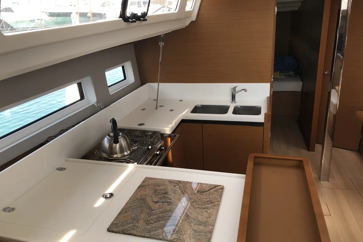Galley of Kos 440.1, a Jeanneau Sun Odyssey 440 sailboat at Athens, Greece