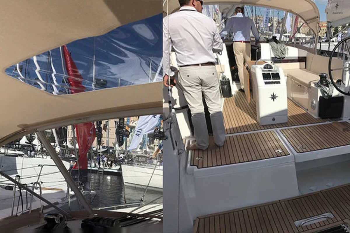 Deck of Kos 440.1, a Jeanneau Sun Odyssey 440 sailboat at Athens, Greece