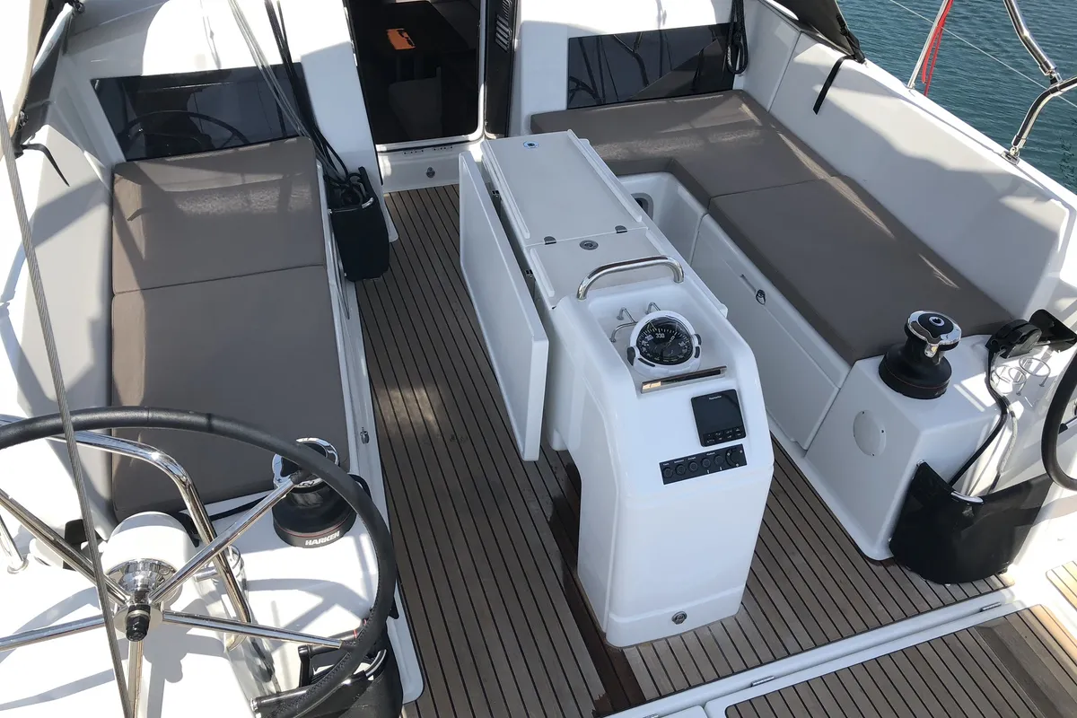 Cockpit of Kos 440.1, a Jeanneau Sun Odyssey 440 sailboat at Athens, Greece