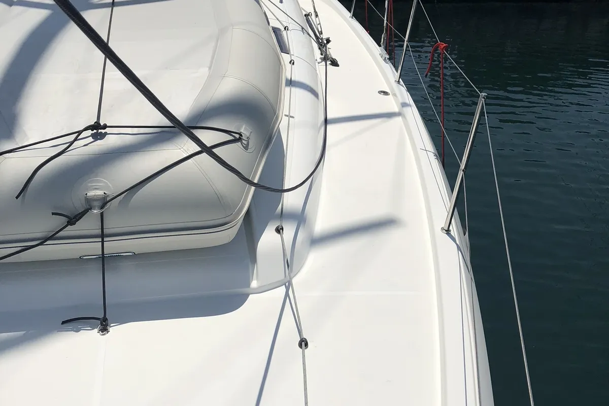 Deck of Kos 440.1, a Jeanneau Sun Odyssey 440 sailboat at Athens, Greece