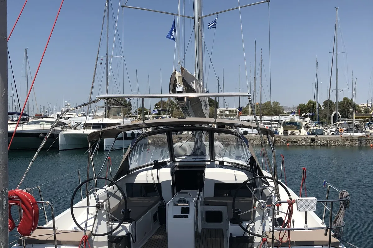 Cockpit of Kos 440.1, a Jeanneau Sun Odyssey 440 sailboat at Athens, Greece