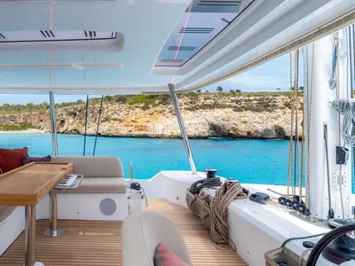 Cockpit of Millenium, a Lagoon 55 Millenium catamaran at Split, Croatia