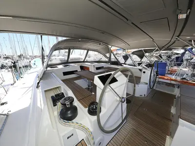 Cockpit of Naltoya, a Bavaria C50 Style sailboat at Pirovac, Croatia