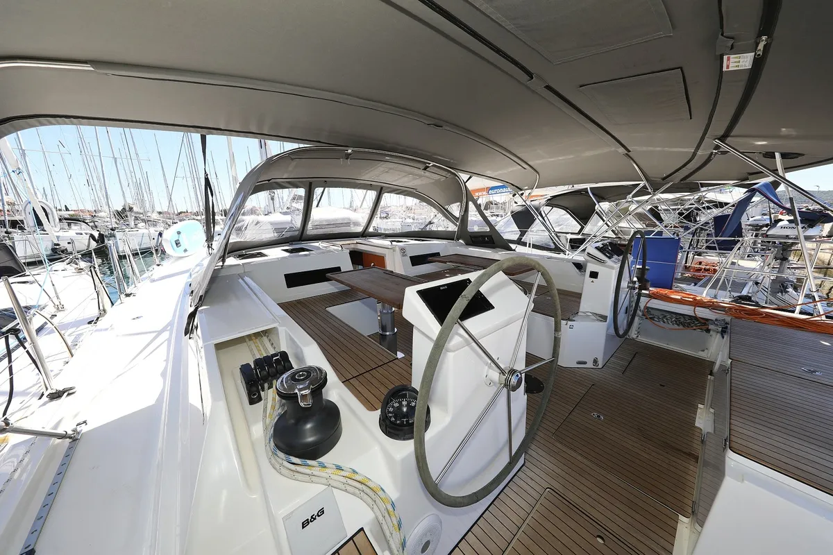 Cockpit of Naltoya, a Bavaria C50 Style sailboat at Pirovac, Croatia